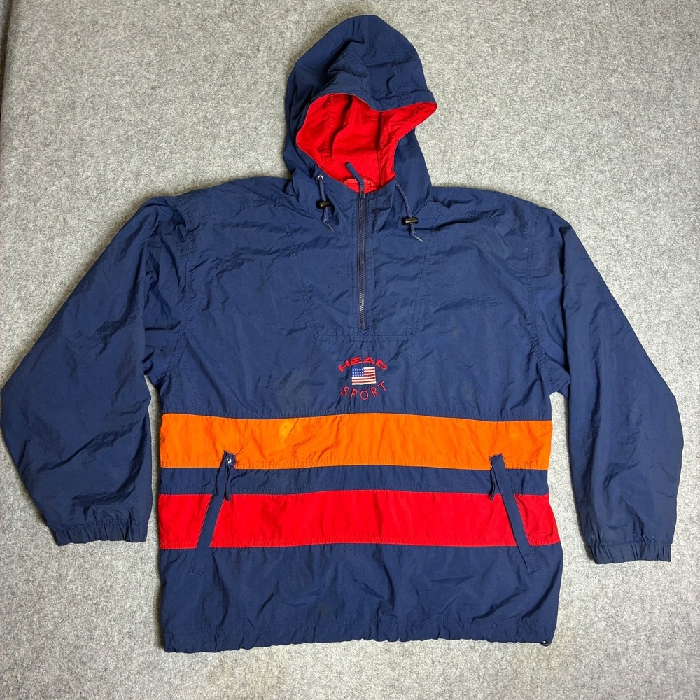 Vintage Head Sport Men's Size XXL 1/4 Zip Windbreaker Hooded Colorblock Navy Red